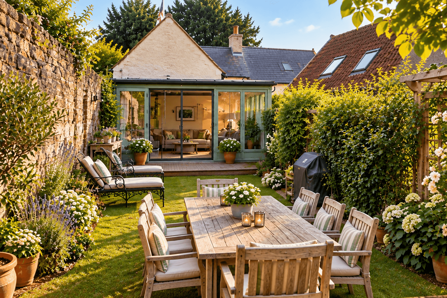 A sheltered garden seating and dining area surrounded by planting at Les Buttes